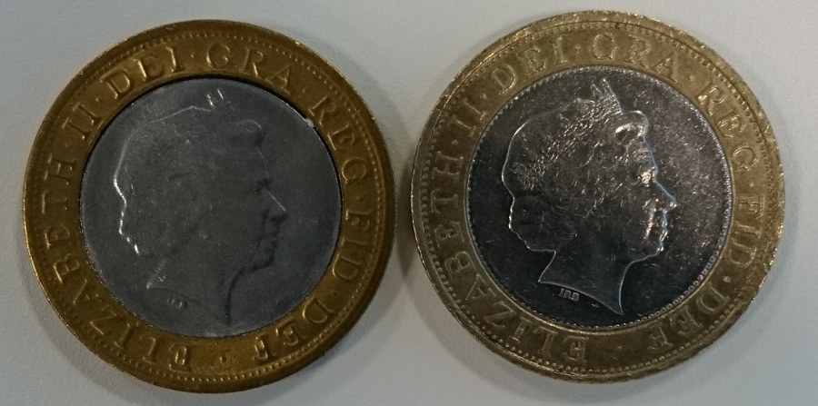 Obverse of real and fake coin, side by side