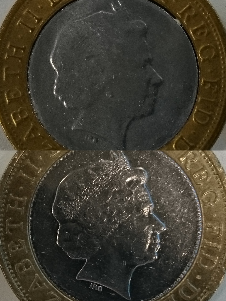 Obverse of real and fake coins